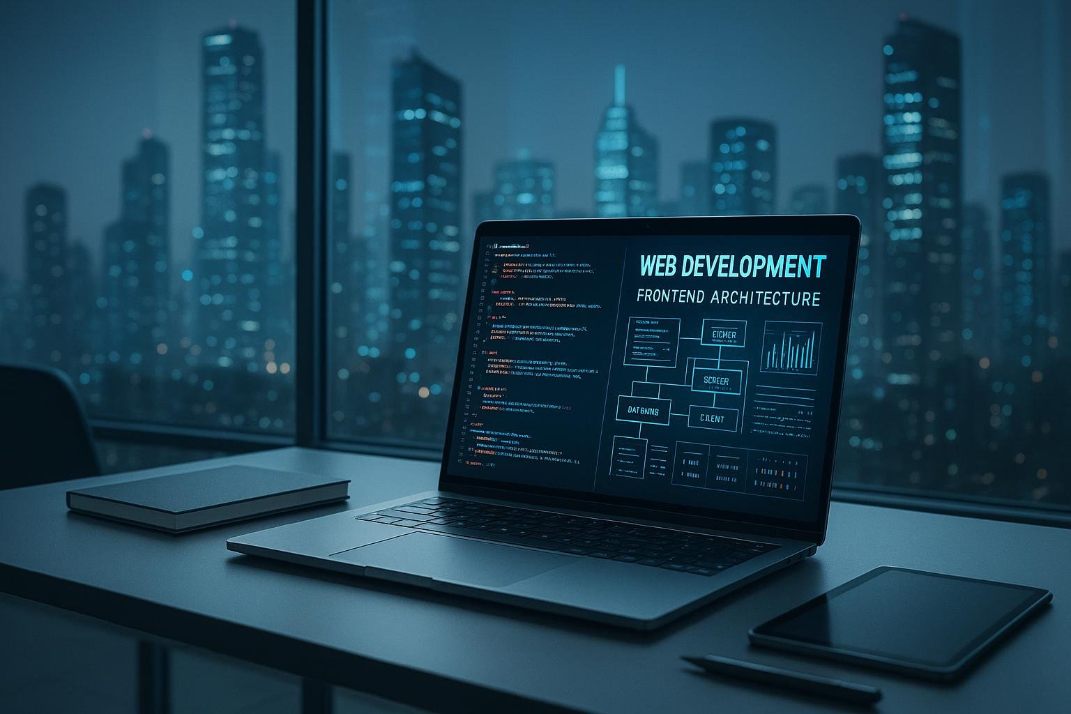 Moderne Bürolandschaft mit Laptop, digitalen Codes und Stadtblick im Hintergrund, inspirierend für Webentwicklung und technische Innovationen