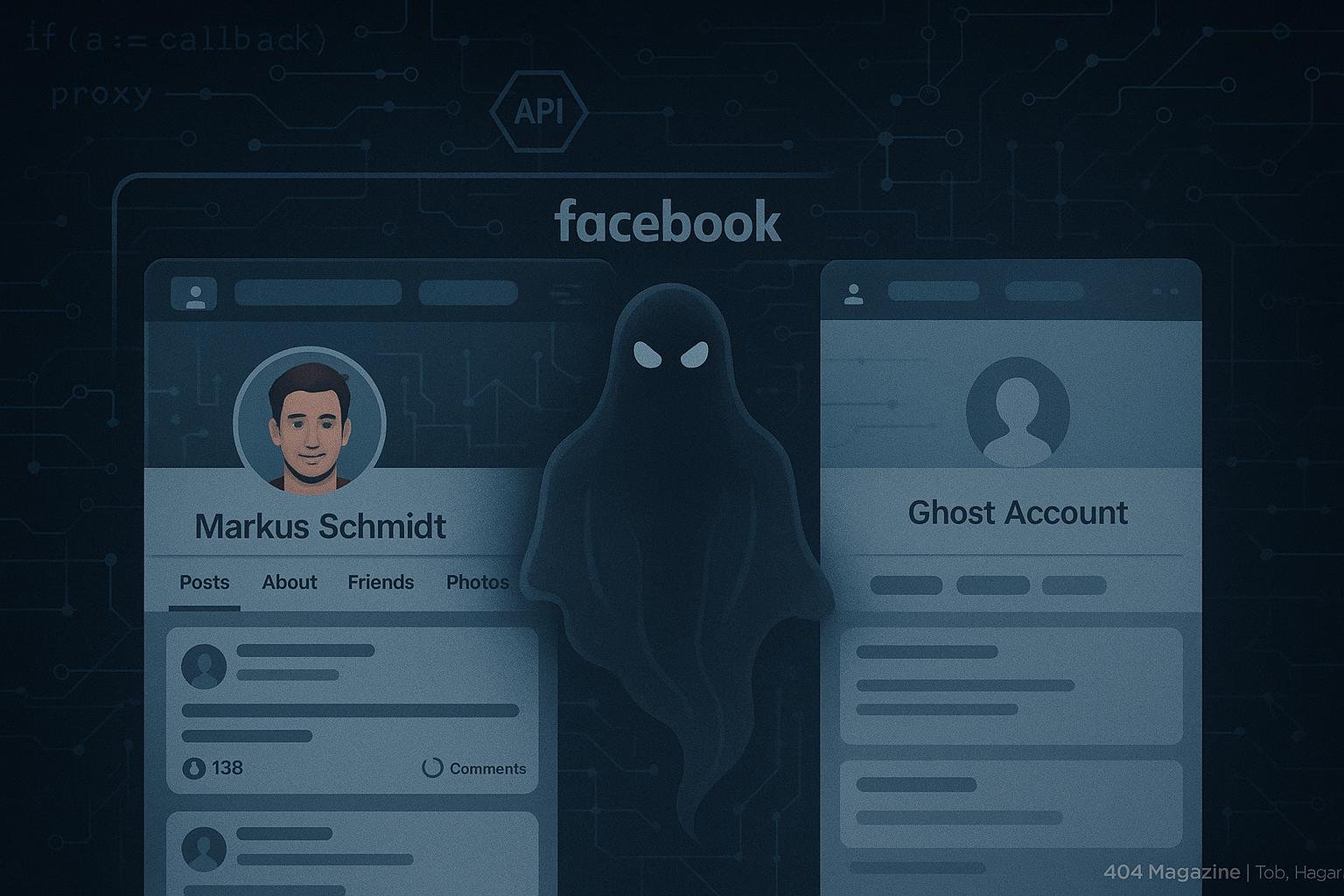 Vergleich zwischen einem echten Facebook-Profil mit personenbezogenen Beiträgen und einem minimalen Ghost-Account, umgeben von einer schemenhaften Silhouette eines Geistes, mit technischen Elementen im Hintergrund.