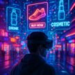 Person mit AR-Headset in einer futuristischen Stadt mit holographischen Anzeigen und digitalen Überlagerungen, die Ad Layers in XR darstellen