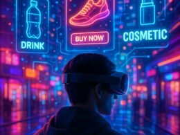 Person mit AR-Headset in einer futuristischen Stadt mit holographischen Anzeigen und digitalen Überlagerungen, die Ad Layers in XR darstellen