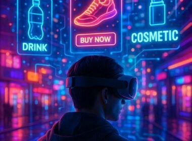 Person mit AR-Headset in einer futuristischen Stadt mit holographischen Anzeigen und digitalen Überlagerungen, die Ad Layers in XR darstellen