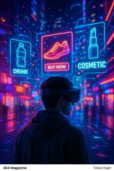 Person mit AR-Headset in einer futuristischen Stadt mit holographischen Anzeigen und digitalen Überlagerungen, die Ad Layers in XR darstellen