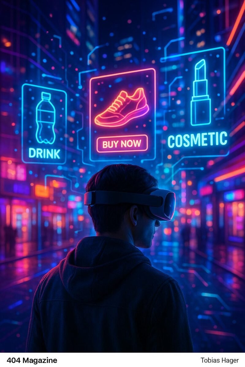 Person mit AR-Headset in einer futuristischen Stadt mit holographischen Anzeigen und digitalen Überlagerungen, die Ad Layers in XR darstellen