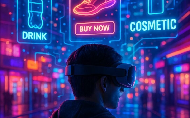 Person mit AR-Headset in einer futuristischen Stadt mit holographischen Anzeigen und digitalen Überlagerungen, die Ad Layers in XR darstellen