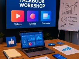 Modernes Facebook-Workshop-Setup mit großem Bildschirm, Content-Formaten wie Videos, Stories und Karussells, umgeben von Social-Media-Tools und Whiteboard, inszeniert energiereich und inspirierend.
