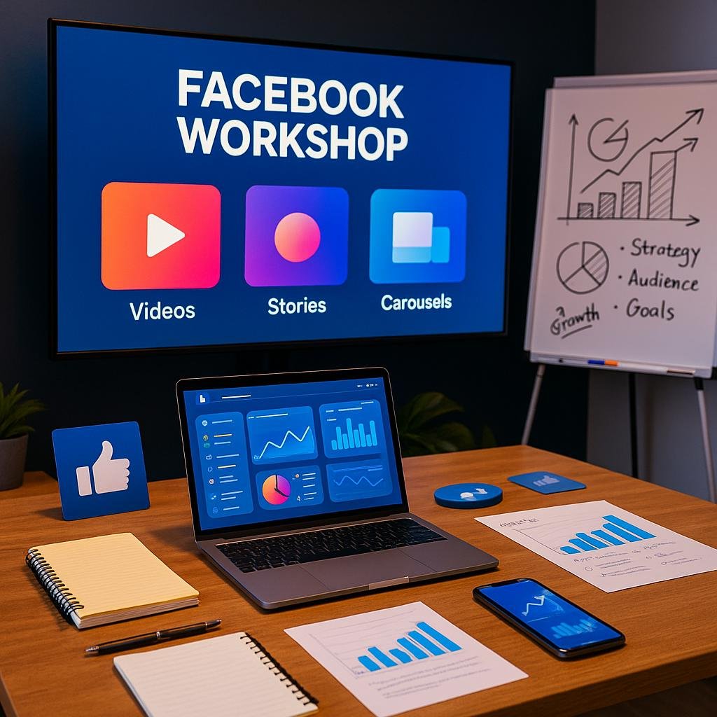 Modernes Facebook-Workshop-Setup mit großem Bildschirm, Content-Formaten wie Videos, Stories und Karussells, umgeben von Social-Media-Tools und Whiteboard, inszeniert energiereich und inspirierend.