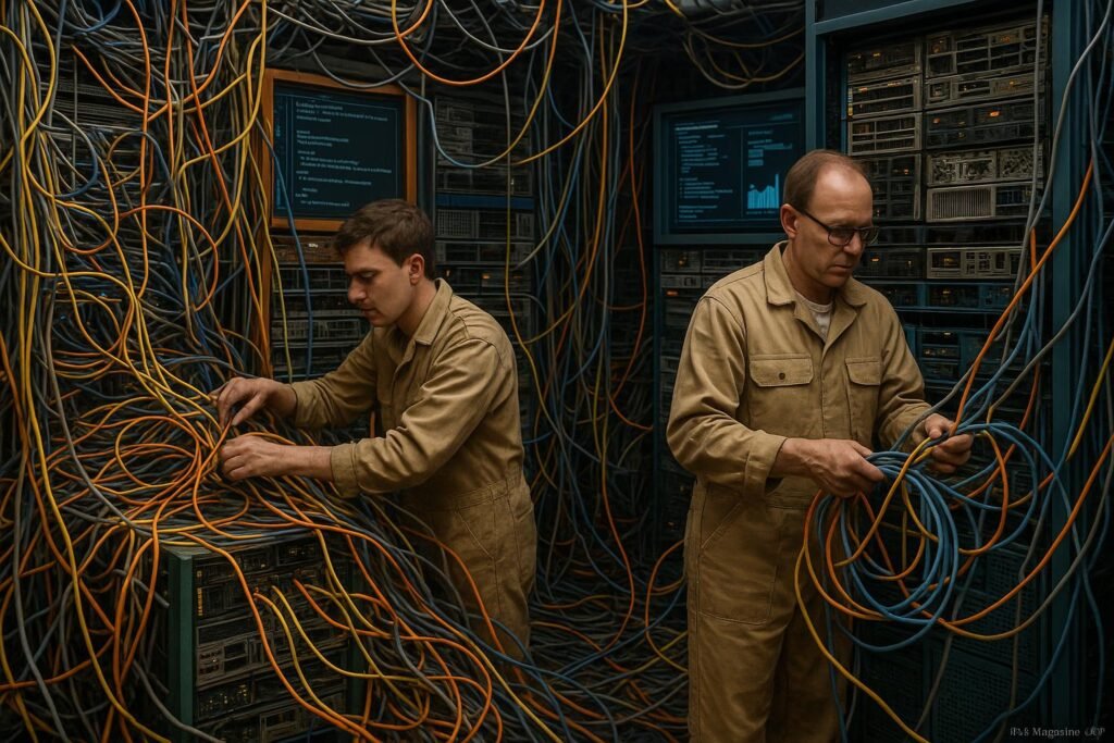 Techniker in holzbeigen Overalls verkabeln ein komplexes Datenzentrum mit bunten Server-Racks und Monitoren im Hintergrund, die den Migrationsprozess visualisieren.