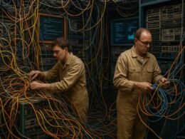 Techniker in holzbeigen Overalls verkabeln ein komplexes Datenzentrum mit bunten Server-Racks und Monitoren im Hintergrund, die den Migrationsprozess visualisieren.