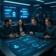 Futuristisches Digitalmarketing-Labor mit Chatbots, holographischen Datenvisualisierungen und modernen Technikgeräten