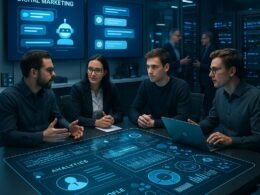 Futuristisches Digitalmarketing-Labor mit Chatbots, holographischen Datenvisualisierungen und modernen Technikgeräten