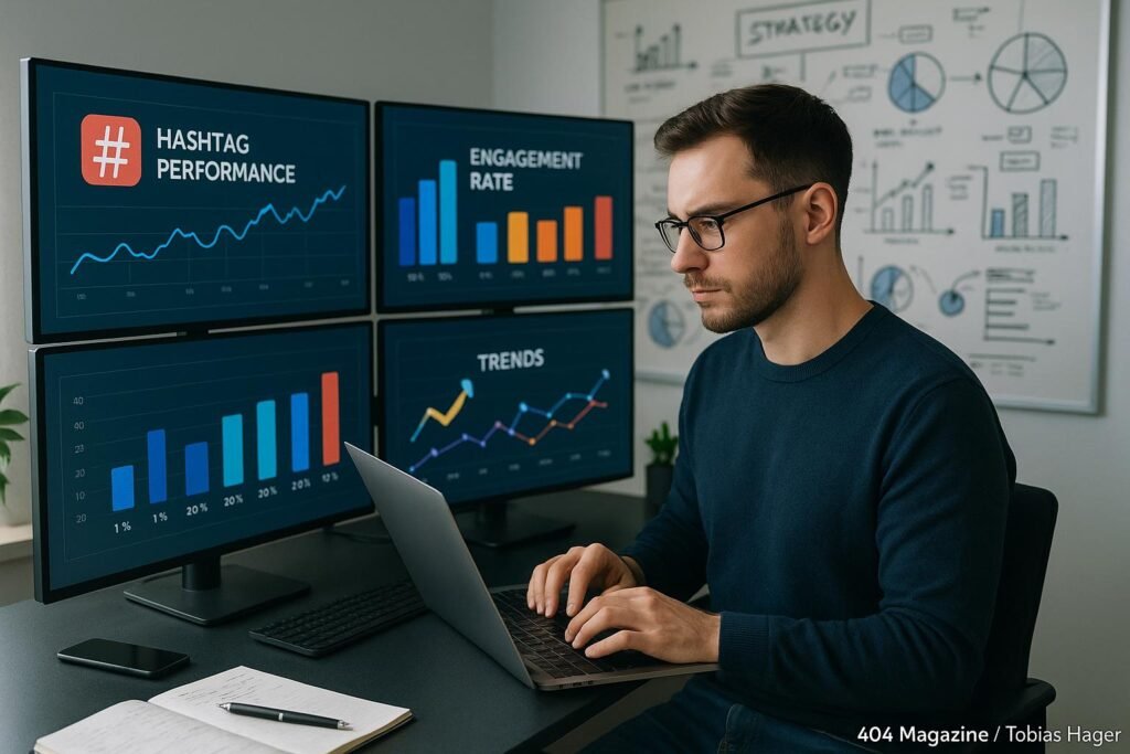 Moderner Social-Media-Analyst vor Monitoren mit Diagrammen und Trenddaten in einem hellen, professionellen Büro, umgeben von digitalen Tools und Whiteboards mit Strategien, Credit: 404 Magazine (Tobias Hager)