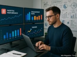 Moderner Social-Media-Analyst vor Monitoren mit Diagrammen und Trenddaten in einem hellen, professionellen Büro, umgeben von digitalen Tools und Whiteboards mit Strategien, Credit: 404 Magazine (Tobias Hager)