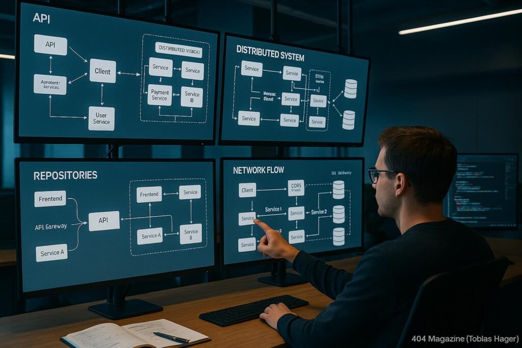 Entwickler in einem modernen Raum mit großen Monitoren, die komplexe Systemarchitekturen und Netzwerkdiagramme anzeigen, mit einem Entwickler, der auf einen Bildschirm zeigt.