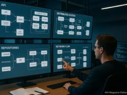 Entwickler in einem modernen Raum mit großen Monitoren, die komplexe Systemarchitekturen und Netzwerkdiagramme anzeigen, mit einem Entwickler, der auf einen Bildschirm zeigt.