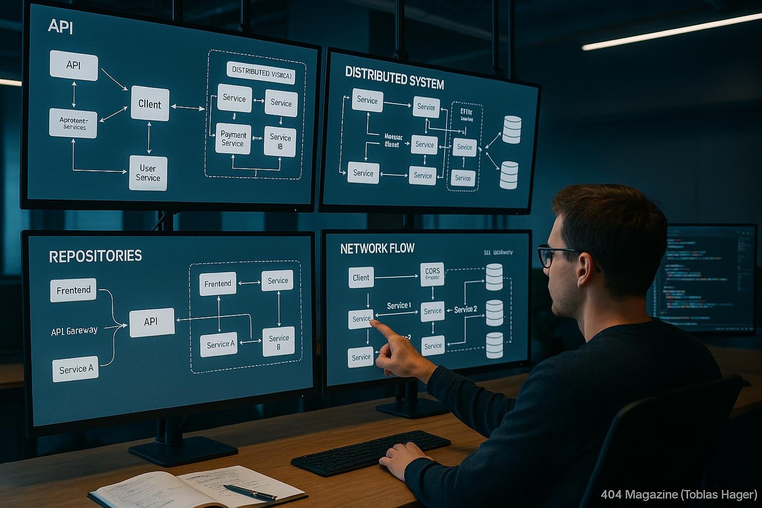 Entwickler in einem modernen Raum mit großen Monitoren, die komplexe Systemarchitekturen und Netzwerkdiagramme anzeigen, mit einem Entwickler, der auf einen Bildschirm zeigt.