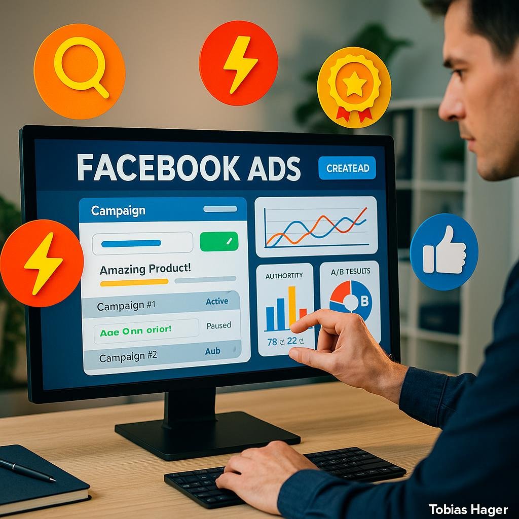Moderner digitaler Marketingarbeitsplatz mit Facebook-Werbekampagnen, psychologischen Trigger-Symbolen und einem Marketer, der Kampagnenelemente anpasst, Credit: 404 Magazine (Tobias Hager)
