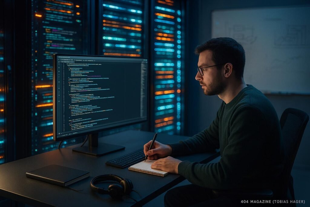 Ein Entwickler arbeitet in einem modernen Büro vor einem großen Bildschirm mit Code, umgeben von Serverracks und Whiteboard mit Diagrammen.