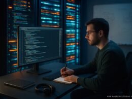 Ein Entwickler arbeitet in einem modernen Büro vor einem großen Bildschirm mit Code, umgeben von Serverracks und Whiteboard mit Diagrammen.