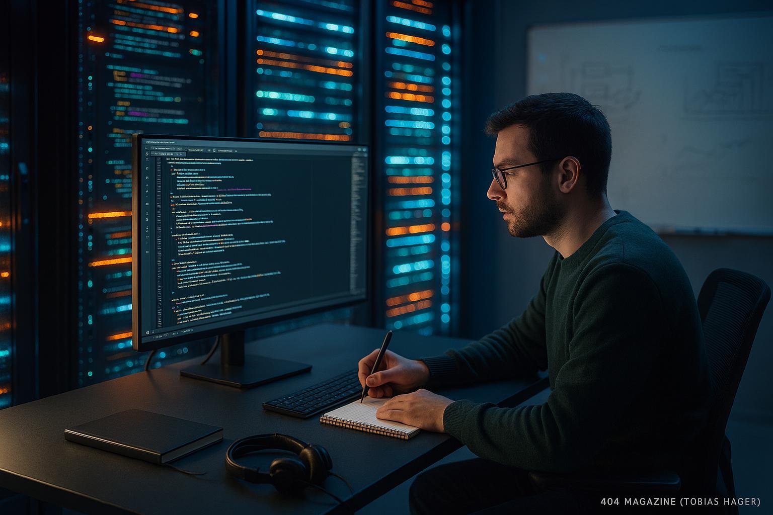 Ein Entwickler arbeitet in einem modernen Büro vor einem großen Bildschirm mit Code, umgeben von Serverracks und Whiteboard mit Diagrammen.