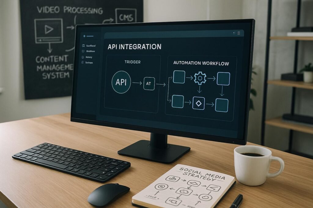 Modernes Büro mit Bildschirm, der API-Integrationsdiagramme und Automatisierungs-Workflows zeigt, im Hintergrund Skizzen zu Video-Processing-Tools, Notizbuch und Kaffeetasse, symbolisiert Innovation.