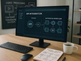 Modernes Büro mit Bildschirm, der API-Integrationsdiagramme und Automatisierungs-Workflows zeigt, im Hintergrund Skizzen zu Video-Processing-Tools, Notizbuch und Kaffeetasse, symbolisiert Innovation.