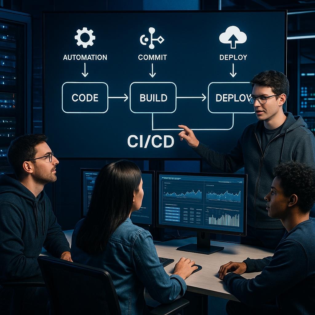 Ein Entwicklerteam arbeitet vor einem digitalen Bildschirm mit CI/CD-Pipeline-Flowchart in einem hochmodernen Büro, umgeben von Serverracks und Monitoren mit Leistungsgraphen, Credit: 404 Magazine (Tobias Hager).