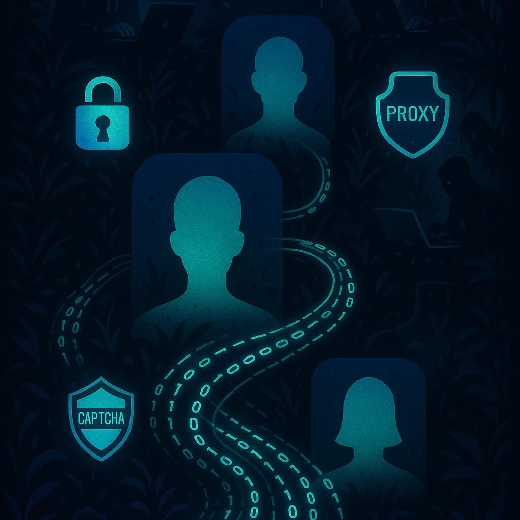 Stilisierte Darstellung eines digitalen Dschungels mit Nutzerprofilen, Datenströmen, Sicherheits-Icons und Hacker-Silhouetten in Neonfarben, symbolisiert die verborgene Welt des Facebook Data Mining.