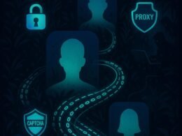 Stilisierte Darstellung eines digitalen Dschungels mit Nutzerprofilen, Datenströmen, Sicherheits-Icons und Hacker-Silhouetten in Neonfarben, symbolisiert die verborgene Welt des Facebook Data Mining.