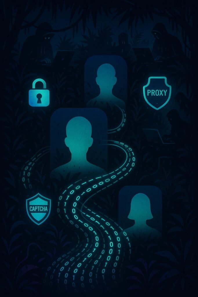 Stilisierte Darstellung eines digitalen Dschungels mit Nutzerprofilen, Datenströmen, Sicherheits-Icons und Hacker-Silhouetten in Neonfarben, symbolisiert die verborgene Welt des Facebook Data Mining.