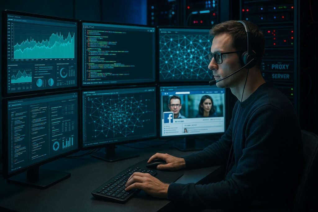 Technisch versierter Analyst vor mehreren Monitoren mit Datenvisualisierungen und Netzwerkgeräten in einem futuristischen Arbeitsumfeld