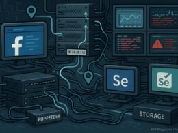 Visualisierung eines professionellen, automatisierten Facebook-Datenextraktions-Setups mit Browser-Tools, Proxy-Servern und Überwachungssystemen