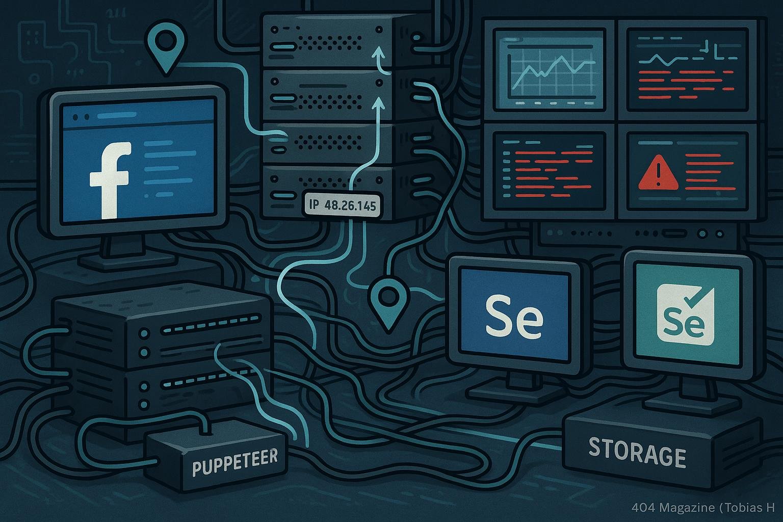 Visualisierung eines professionellen, automatisierten Facebook-Datenextraktions-Setups mit Browser-Tools, Proxy-Servern und Überwachungssystemen