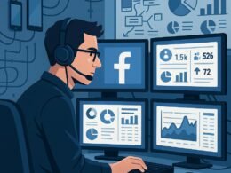Stilisierter moderner Arbeitsplatz mit Monitoren, Facebook-Analysetools, Technik und Strategiekarten, von einem Social Media Marketer genutzt, Credit: 404 Magazine (Tobias Hager)
