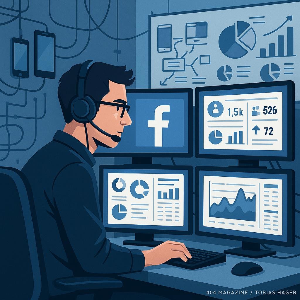 Stilisierter moderner Arbeitsplatz mit Monitoren, Facebook-Analysetools, Technik und Strategiekarten, von einem Social Media Marketer genutzt, Credit: 404 Magazine (Tobias Hager)