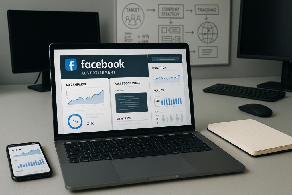 Arbeitsplatz mit Laptop, Smartphone und Notizbuch, der eine Facebook-Werbekampagne, Diagramme und Analysen zeigt, im Hintergrund technische Geräte und Whiteboard mit Marketing-Skizzen, neutral beleuchtet.