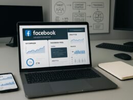 Arbeitsplatz mit Laptop, Smartphone und Notizbuch, der eine Facebook-Werbekampagne, Diagramme und Analysen zeigt, im Hintergrund technische Geräte und Whiteboard mit Marketing-Skizzen, neutral beleuchtet.