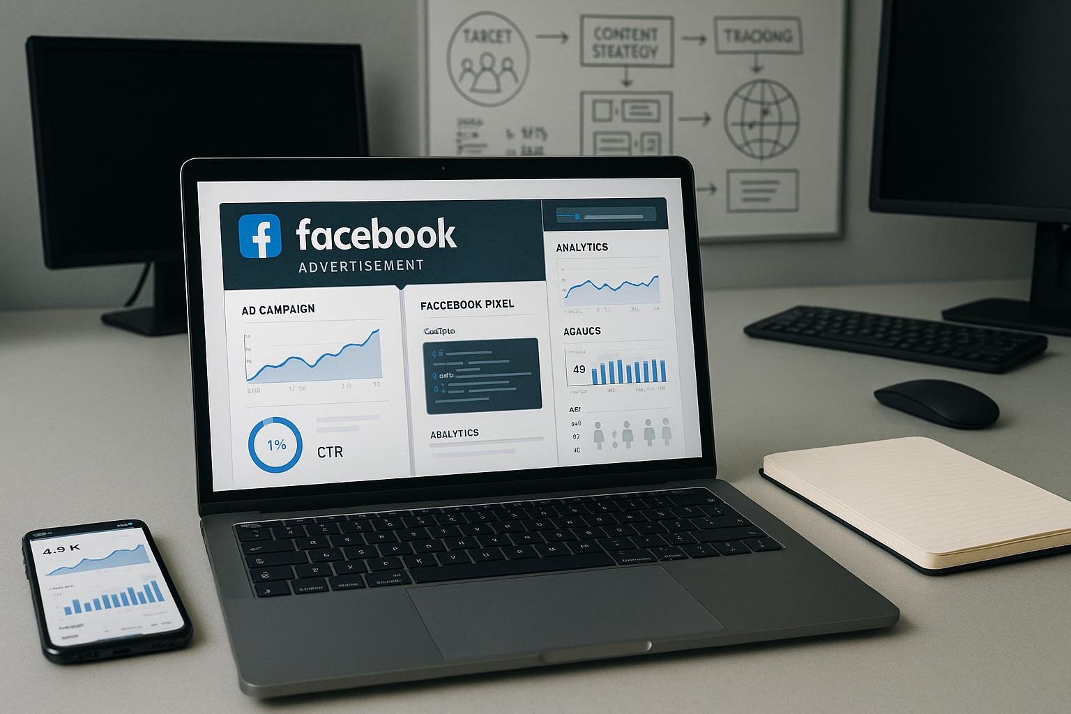 Arbeitsplatz mit Laptop, Smartphone und Notizbuch, der eine Facebook-Werbekampagne, Diagramme und Analysen zeigt, im Hintergrund technische Geräte und Whiteboard mit Marketing-Skizzen, neutral beleuchtet.