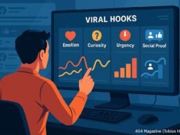 Person analysiert Social Media Metriken auf einem großen Bildschirm mit Grafiken zu viralen Hooks wie Emotion, Neugier, Dringlichkeit und sozialem Beweis in einem modernen Tech-Umfeld.