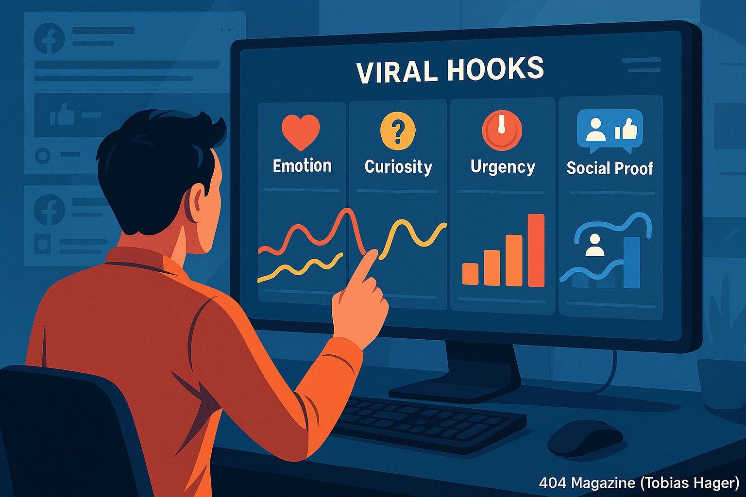 Person analysiert Social Media Metriken auf einem großen Bildschirm mit Grafiken zu viralen Hooks wie Emotion, Neugier, Dringlichkeit und sozialem Beweis in einem modernen Tech-Umfeld.