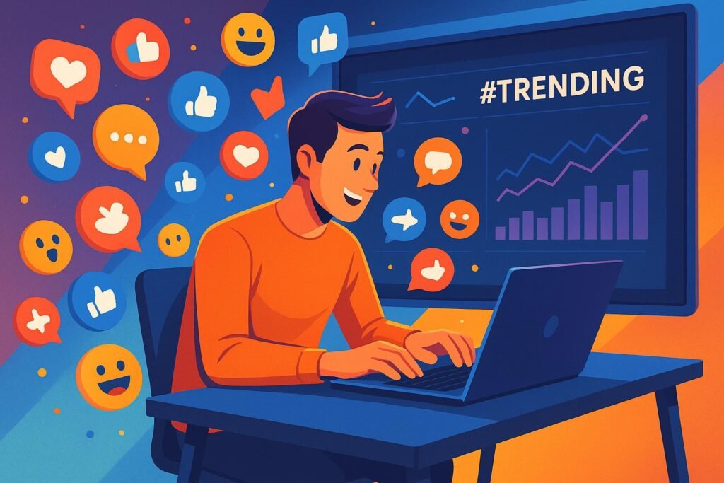 Person tippt an einem eleganten Schreibtisch, umgeben von digitalen Icons wie Likes, Kommentaren und Emojis, mit einem großen Bildschirm im Hintergrund, der Diagramme und Trending-Hashtags zeigt, unterstreicht Innovation und soziale Medienstrategie.