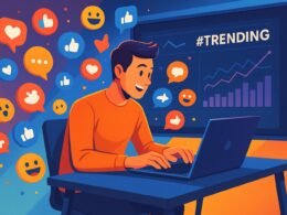 Person tippt an einem eleganten Schreibtisch, umgeben von digitalen Icons wie Likes, Kommentaren und Emojis, mit einem großen Bildschirm im Hintergrund, der Diagramme und Trending-Hashtags zeigt, unterstreicht Innovation und soziale Medienstrategie.