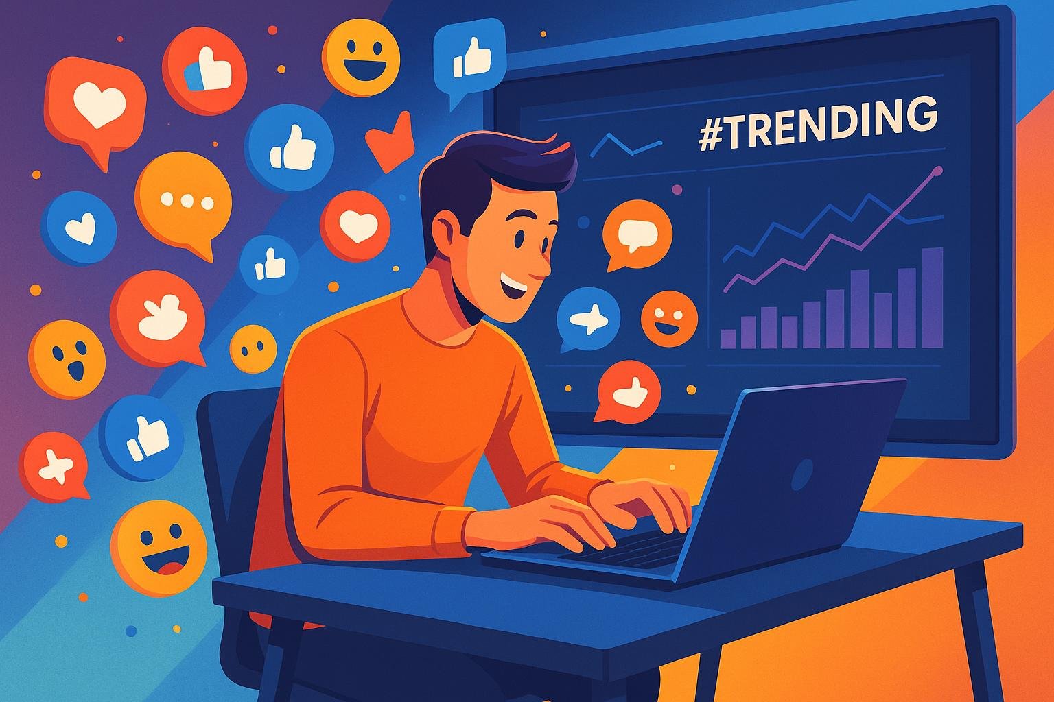 Person tippt an einem eleganten Schreibtisch, umgeben von digitalen Icons wie Likes, Kommentaren und Emojis, mit einem großen Bildschirm im Hintergrund, der Diagramme und Trending-Hashtags zeigt, unterstreicht Innovation und soziale Medienstrategie.