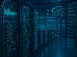 Hochmoderner Serverraum mit blauen und grünen LED-Leuchten, verbundenen Servern und digitalen Überwachungsdaten, die digitale Robustheit und Zukunftstechnologie zeigen.