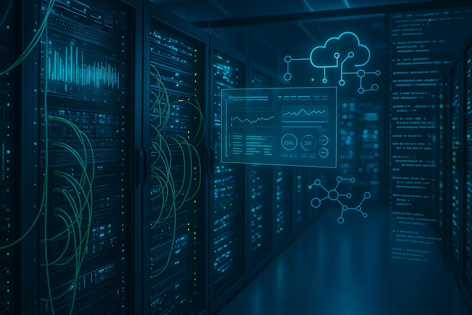 Hochmoderner Serverraum mit blauen und grünen LED-Leuchten, verbundenen Servern und digitalen Überwachungsdaten, die digitale Robustheit und Zukunftstechnologie zeigen.