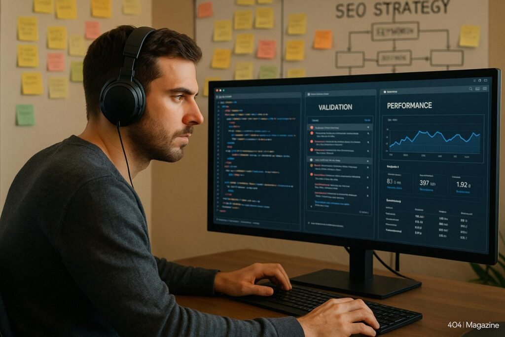 Programmierer mit Kopfhörern sitzend vor großem Bildschirm mit Code und Analyse-Tools, im Hintergrund Wand mit Post-Its und SEO-Diagrammen