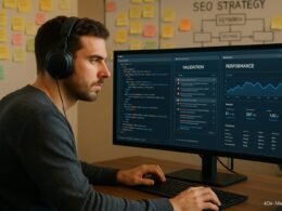 Programmierer mit Kopfhörern sitzend vor großem Bildschirm mit Code und Analyse-Tools, im Hintergrund Wand mit Post-Its und SEO-Diagrammen