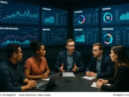 Ein modernes Kontrollzentrum mit mehreren Bildschirmen und einem Team von digitalem Marketing und Datenanalyse, das Strategien diskutiert