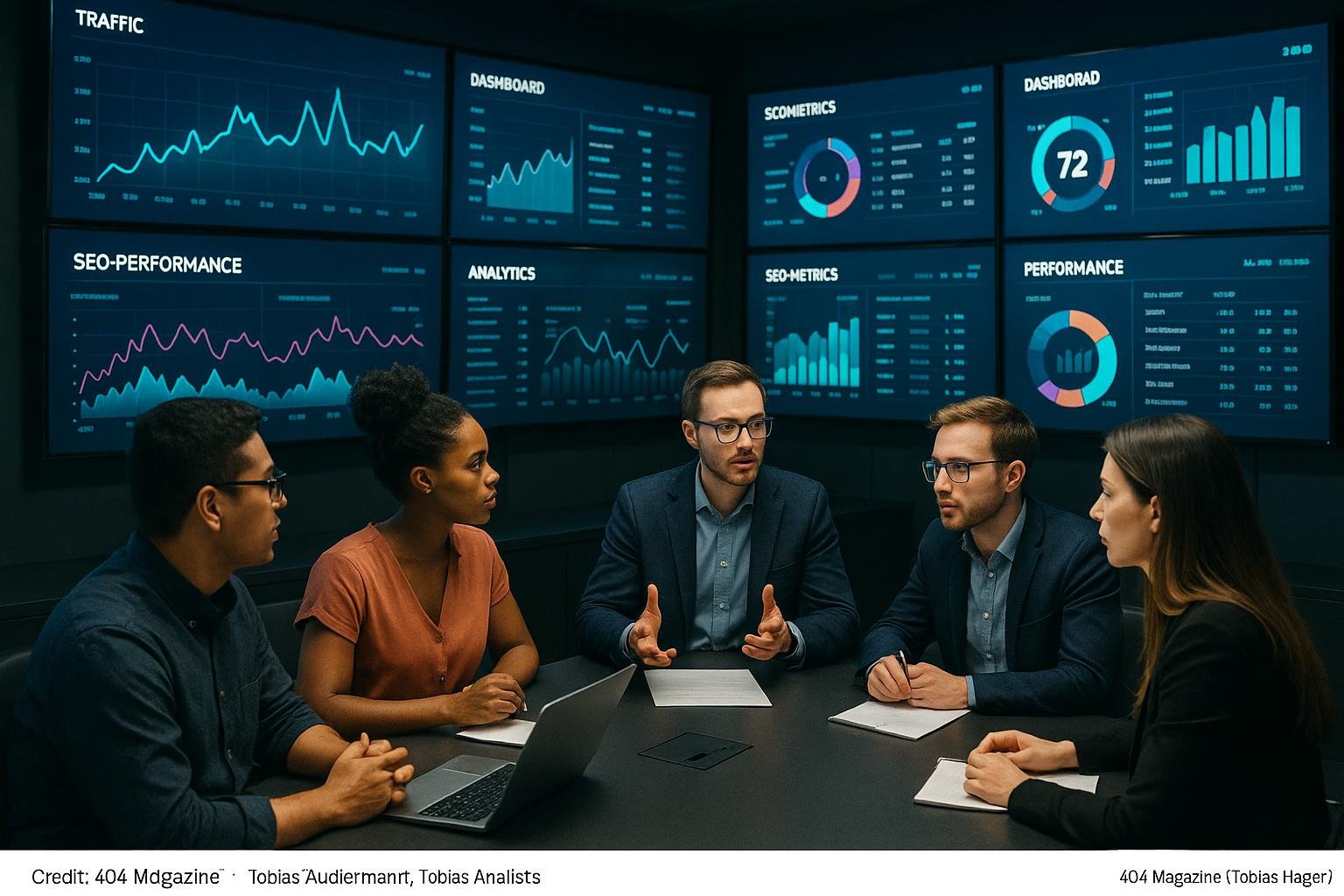 Ein modernes Kontrollzentrum mit mehreren Bildschirmen und einem Team von digitalem Marketing und Datenanalyse, das Strategien diskutiert