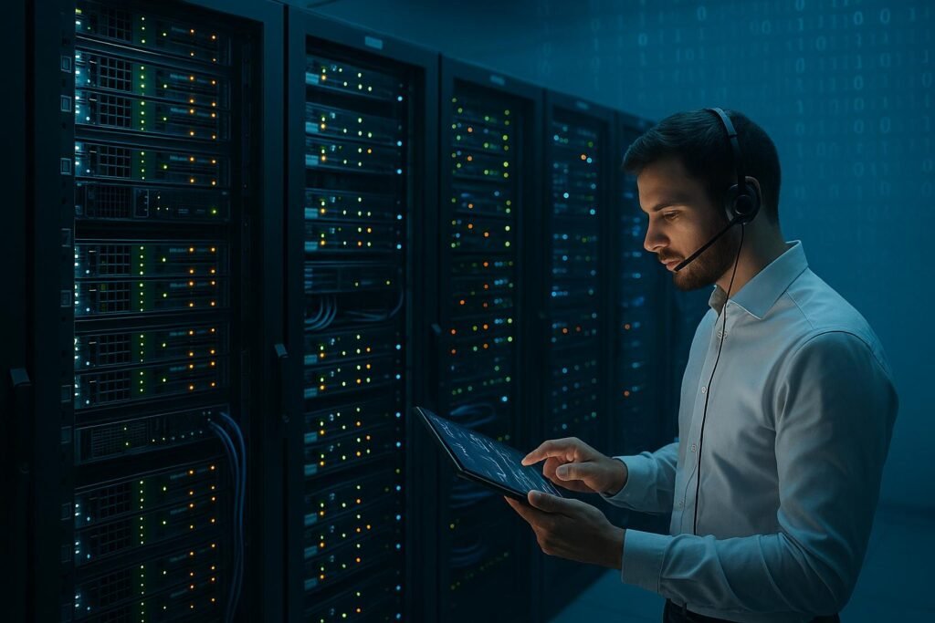 Moderner Serverraum mit blinkenden Servern, Techniker mit Headset und Tablet, blaue Beleuchtung, and binary data flowing im Hintergrund