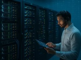 Moderner Serverraum mit blinkenden Servern, Techniker mit Headset und Tablet, blaue Beleuchtung, and binary data flowing im Hintergrund